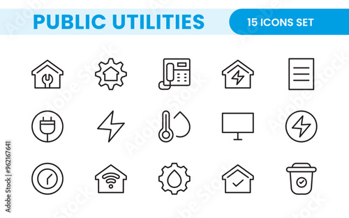 Public utilities linear signed icon collection. Signed thin line icons collection. Set of public utilities simple outline icons.