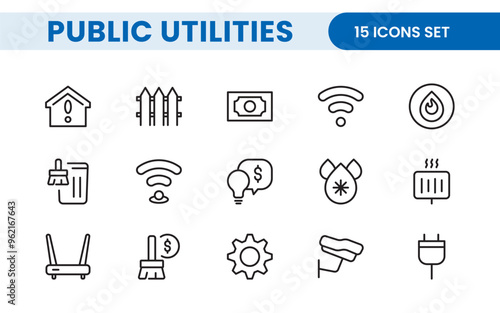Public utilities linear signed icon collection. Signed thin line icons collection. Set of public utilities simple outline icons.