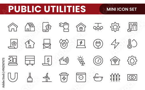 Public utilities linear signed icon collection. Signed thin line icons collection. Set of public utilities simple outline icons.