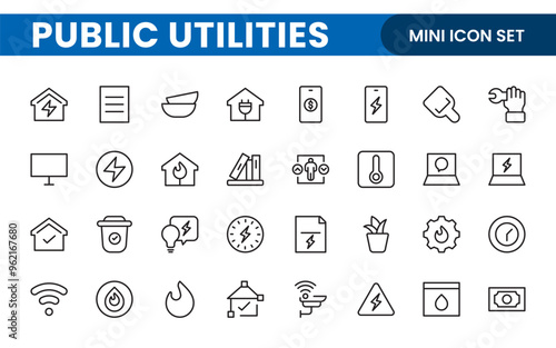 Public utilities linear signed icon collection. Signed thin line icons collection. Set of public utilities simple outline icons.