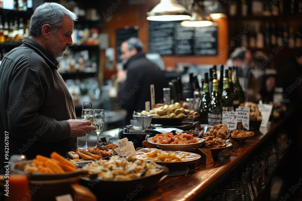 Fototapeta premium Experience the vibrant culture of pintxos dining at a bustling bar in San Sebastian's Basque Country, filled with delicious culinary delights
