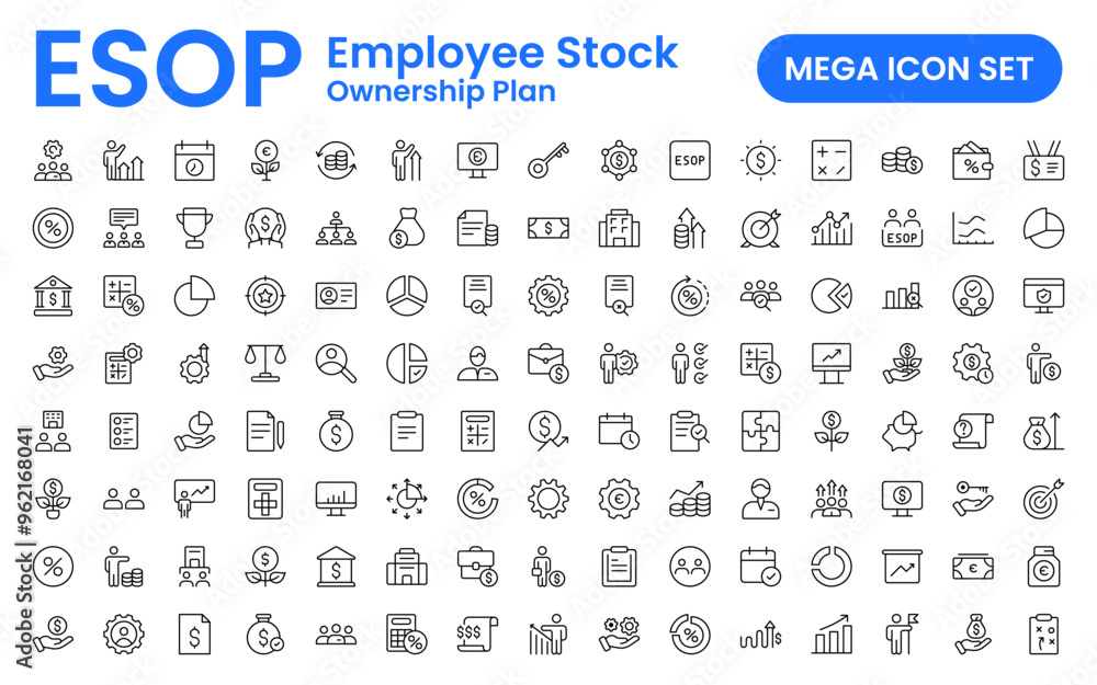Outline icons about ESOP employee stock ownership plan. Contains such icons as company, win-win, scheme and benefits. Outline icons about ESOP employee stock ownership plan. Contains such icons as company, win-win, scheme and benefits.