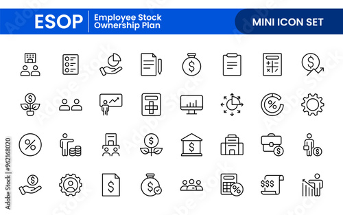 Outline icons about ESOP employee stock ownership plan. Contains such icons as company, win-win, scheme and benefits.