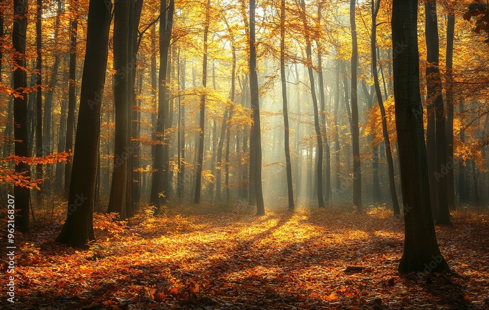 Golden Autumn Forest in Tranquil Light, AI generated illustration Golden Autumn Forest in Tranquil Light, AI generated illustration