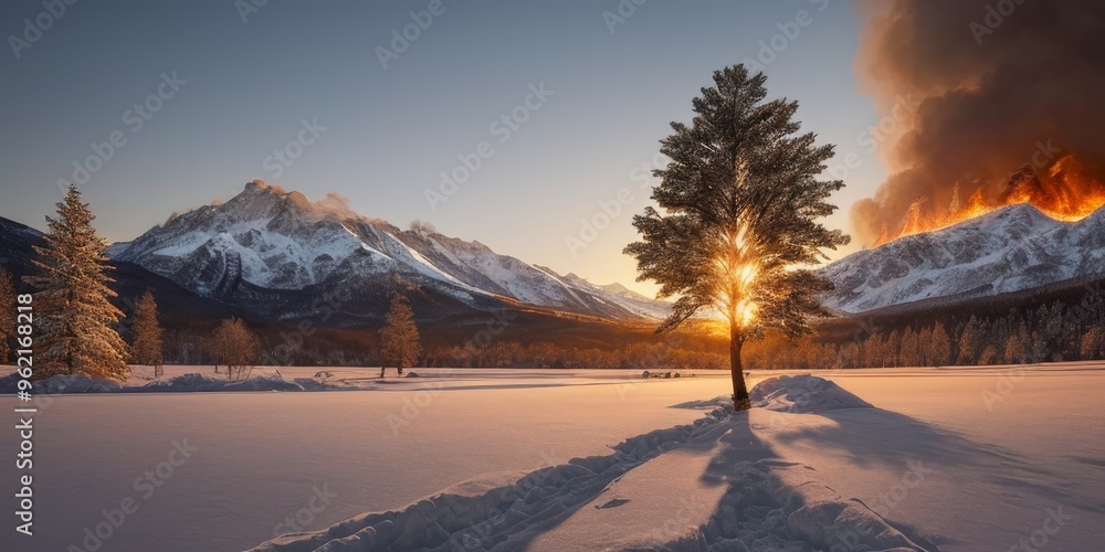 A striking image of a snowy landscape with the intensity of a wildfire engulfing a mountain. Snowy Wilderness Ablaze, AI generated image global warming concept