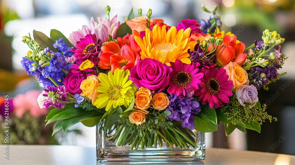 A vibrant, rainbow-inspired arrangement with flowers of every color, arranged in a clear vase to showcase their full spectrum A vibrant, rainbow-inspired arrangement with flowers of every color, arranged in a clear vase to showcase their full spectrum