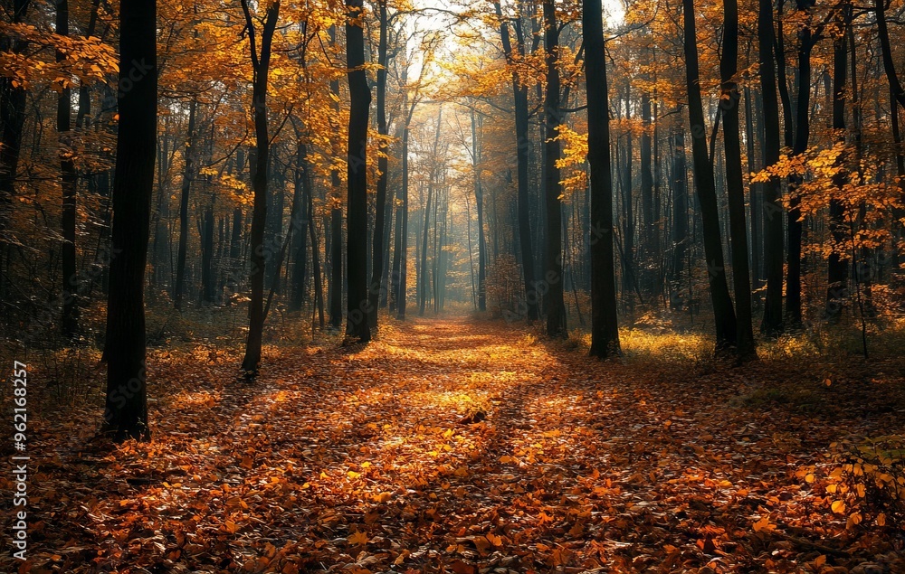 Obraz premium Golden Autumn Forest in Tranquil Light, AI generated illustration