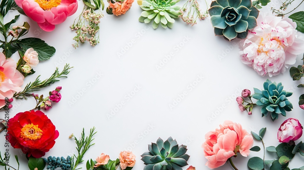 Brightly colored peonies and succulents, arranged in a delicate circle, suspended mid-air on a stark white background Brightly colored peonies and succulents, arranged in a delicate circle, suspended mid-air on a stark white background