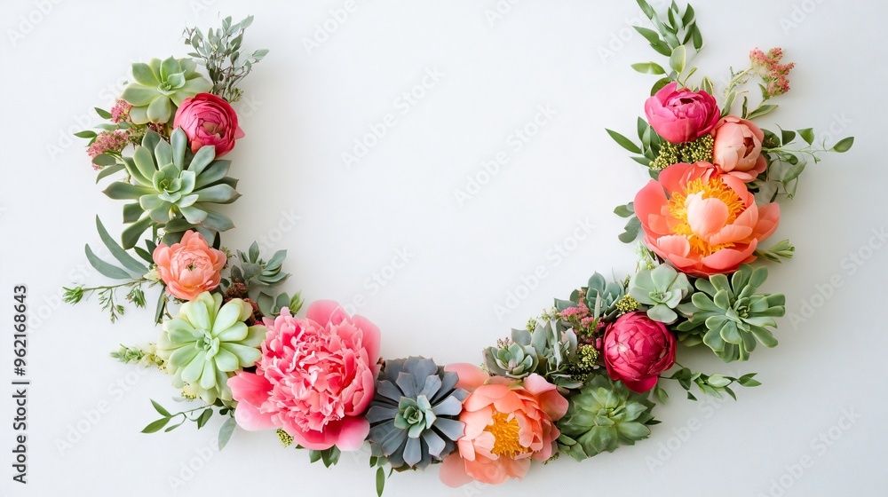 Brightly colored peonies and succulents, arranged in a delicate circle, suspended mid-air on a stark white background Brightly colored peonies and succulents, arranged in a delicate circle, suspended mid-air on a stark white background