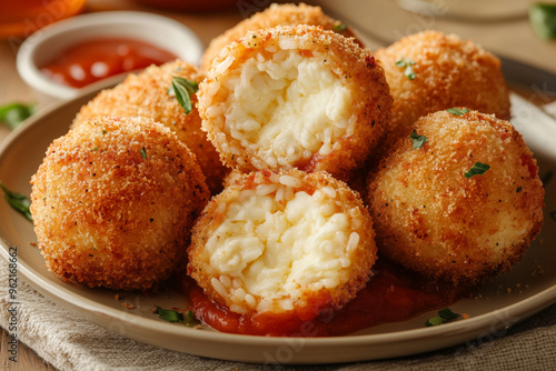 Delicious Italian suppli al telefono served on a rustic plate with a side of tomato sauce, perfect for a snack gathering at dusk photo