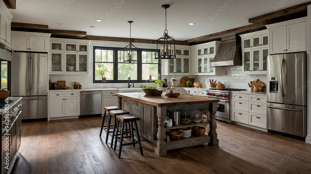 A Warm, Rustic Kitchen With Wooden Beams, Farmhouse-style Cabinets, And Vintage Appliances A Warm, Rustic Kitchen With Wooden Beams, Farmhouse-style Cabinets, And Vintage Appliances