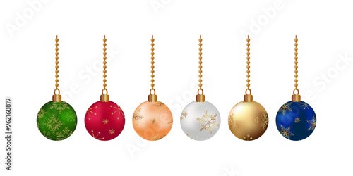 Christmas red gold green blue pearl ball decorated snowflakes hanging on beads Set christmas balls isolated transparent background Holiday xmas decoration
