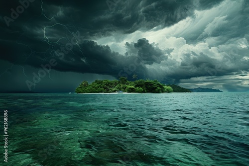 Tropical Island Under a Thunderous Sky