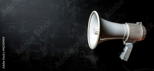 A white megaphone on a black background, creating a dramatic and impactful image for communication, public speaking, and announcements.