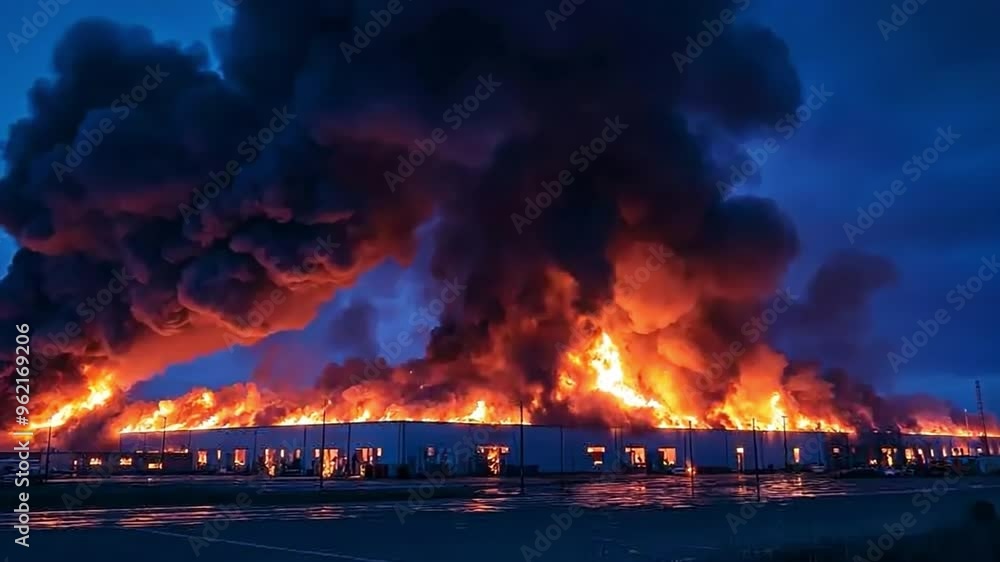 A warehouse building caught in flames, with dense smoke rising into the sky and a foreboding glow. A warehouse building caught in flames, with dense smoke rising into the sky and a foreboding glow.