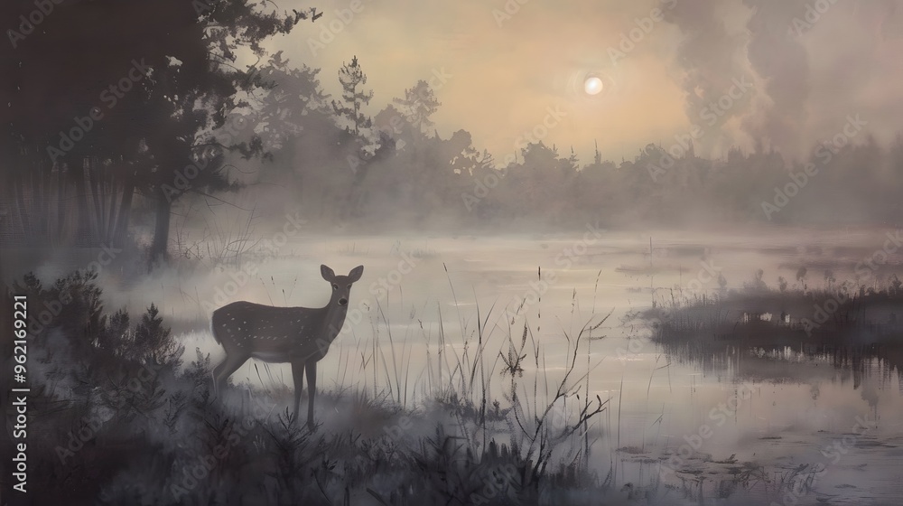 Lone Deer in Misty Meadow at Dawn Lone Deer in Misty Meadow at Dawn