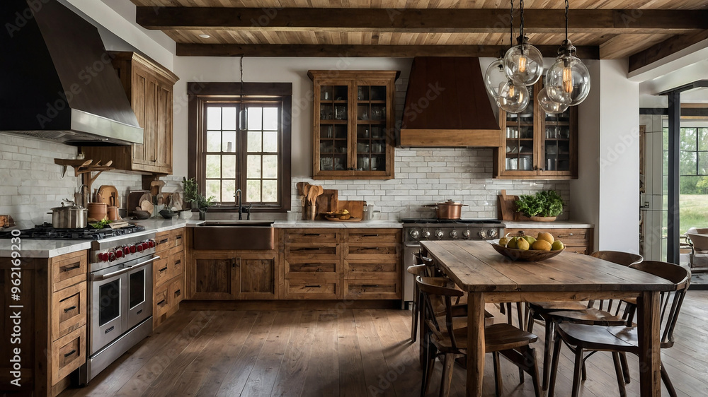 A Warm, Rustic Kitchen With Wooden Beams, Farmhouse-style Cabinets, And Vintage Appliances A Warm, Rustic Kitchen With Wooden Beams, Farmhouse-style Cabinets, And Vintage Appliances