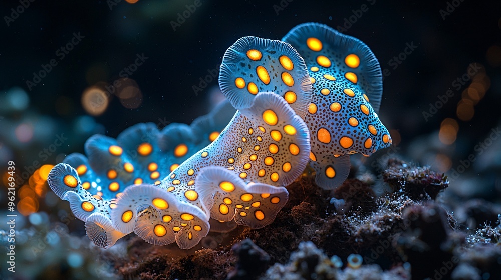 A stunning bioluminescent creature in extreme conditions, with vivid glowing patterns A stunning bioluminescent creature in extreme conditions, with vivid glowing patterns