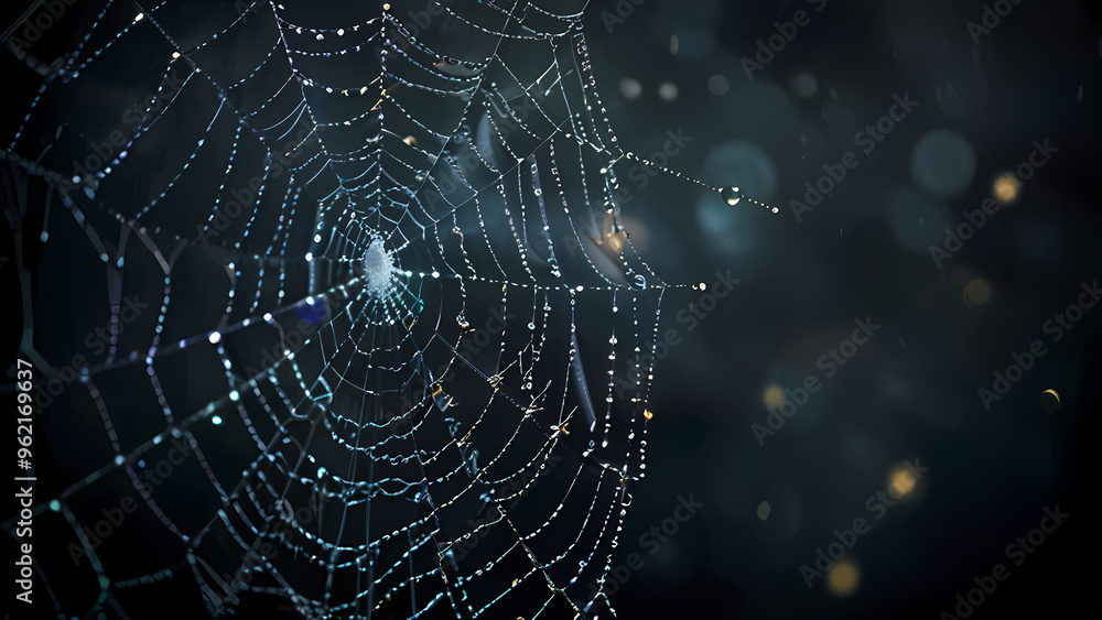 abstract background of an intricate spider web with delicate, shimmering silver threads against a dark, misty backdrop abstract background of an intricate spider web with delicate, shimmering silver threads against a dark, misty backdrop