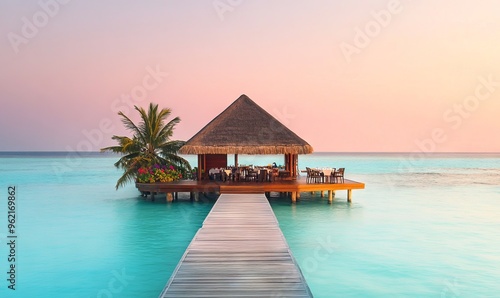 Tropical Island Hut on a Jetty in the Maldives with Sunbeds and Dining Table AI generated illustration