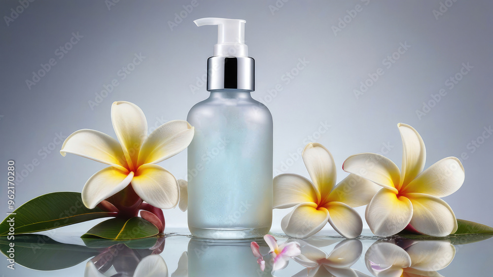Mock up the collagen hydrating serum or any beauty product in glass bottle from natural ingredients, placed on mirrored glass, surrounded frangipani flowers. Mock up the collagen hydrating serum or any beauty product in glass bottle from natural ingredients, placed on mirrored glass, surrounded frangipani flowers.