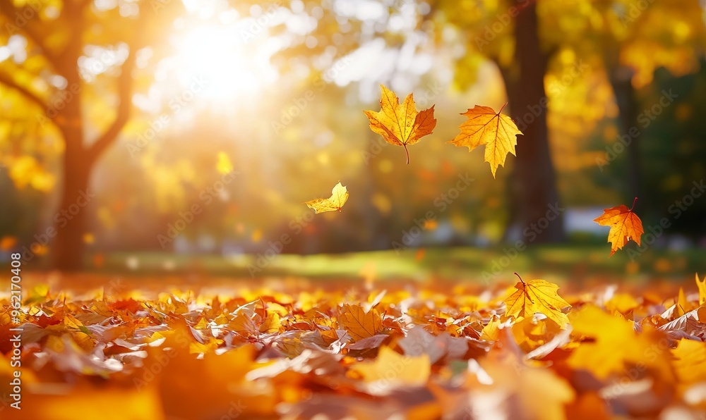 An autumn park with leaves covering the ground, sunlight peeking through the trees, and yellow maple leaves scattered about. AI generated illustration An autumn park with leaves covering the ground, sunlight peeking through the trees, and yellow maple leaves scattered about. AI generated illustration