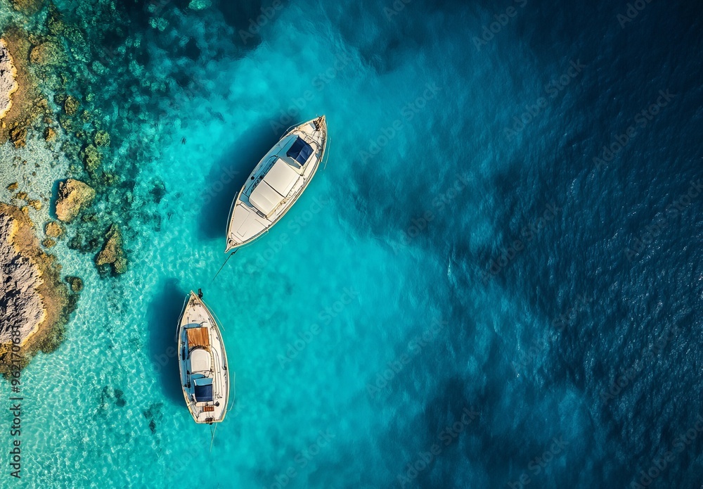 Aerial Drone Shot of Two Boats on Turquoise Sea with National Geographic Precision. AI generated illustration Aerial Drone Shot of Two Boats on Turquoise Sea with National Geographic Precision. AI generated illustration