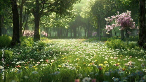Wallpaper Mural A lush green forest with a field of white flowers and a single tree with purple flowers in the background. Torontodigital.ca