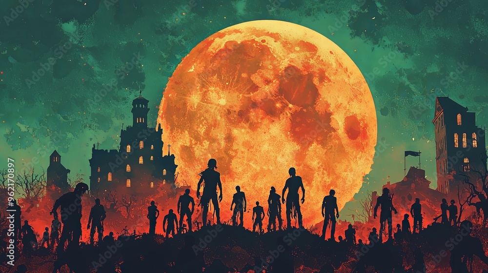 A group of zombie silhouettes standing against a vibrant, large full moon, with ominous abandoned buildings and a spooky, desolate town atmosphere. A group of zombie silhouettes standing against a vibrant, large full moon, with ominous abandoned buildings and a spooky, desolate town atmosphere.