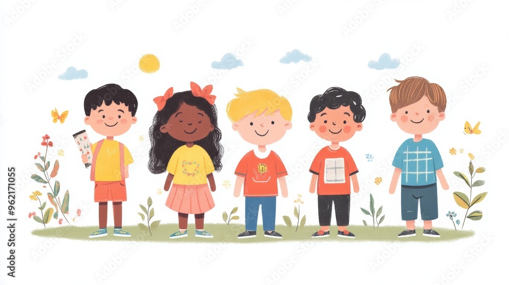 Diverse Children Celebrating Kids Day with Cute Cartoon Illustration Diverse Children Celebrating Kids Day with Cute Cartoon Illustration
