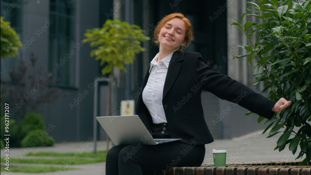 Happy smiling gen z Caucasian woman female girl businesswoman freelancer enjoy working online typing computer finished work close laptop stretching end job done walk on break hold coffee cup outside Happy smiling gen z Caucasian woman female girl businesswoman freelancer enjoy working online typing computer finished work close laptop stretching end job done walk on break hold coffee cup outside
