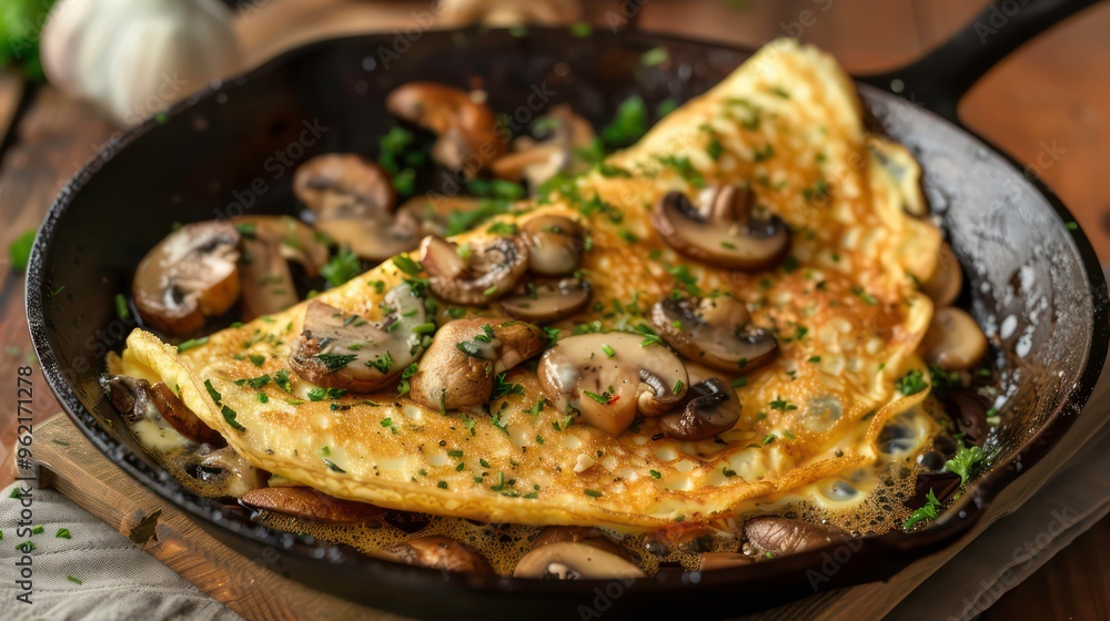 A golden omelet with saut?ed mushrooms and fresh parsley in a cast iron skillet. A golden omelet with saut?ed mushrooms and fresh parsley in a cast iron skillet.