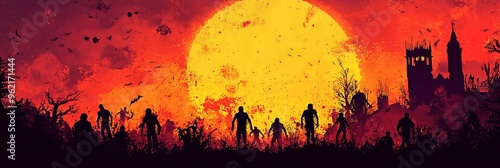 Silhouettes of zombies moving across the landscape under the backdrop of a massive, glowing sun in an eerie and ominous environment, creating a dramatic scene. photo