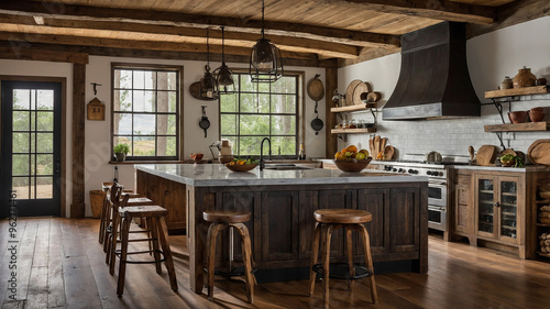 A Warm, Rustic Kitchen With Wooden Beams, Farmhouse-style Cabinets, And Vintage Appliances