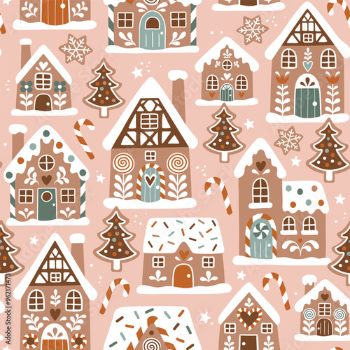 Seamless vector pattern with cute gingerbread houses and cookies. Hand drawn Christmas gingerbread village. EPS 10 vector file. Perfect for textile, wallpaper or print design.
