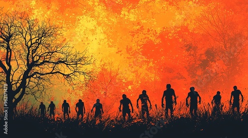 Silhouetted zombies advancing through tall grass against a fiery red-orange sky, creating a vivid, eerie, and post-apocalyptic scene filled with tension. photo