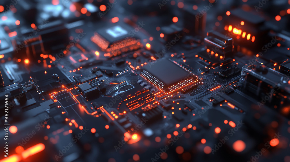 Futuristic circuit board with glowing elements and intricate details, showcasing advanced technology and innovation. Futuristic circuit board with glowing elements and intricate details, showcasing advanced technology and innovation.