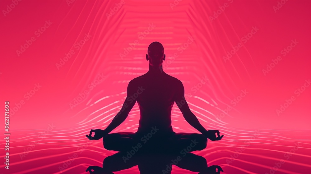 A silhouette of a person meditating in a seated position, set against a vivid red background with abstract, futuristic patterns. The image conveys a sense of calm, focus, and inner peace, ideal for A silhouette of a person meditating in a seated position, set against a vivid red background with abstract, futuristic patterns. The image conveys a sense of calm, focus, and inner peace, ideal for