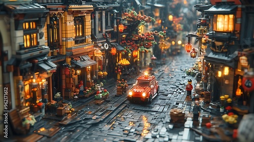 A miniature cityscape with cobblestone streets, buildings, and a small red car.