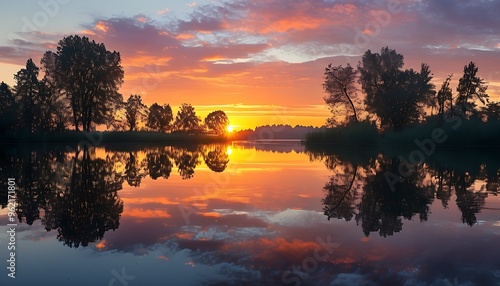 The tranquil lake under the sunset and the silhouette of trees in the distance present a picture of natural harmony. #962171801