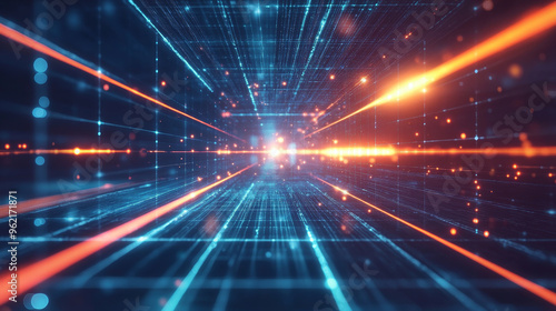 Pulsating beams of neon light shoot through digital space, creating vibrant and dynamic atmosphere.