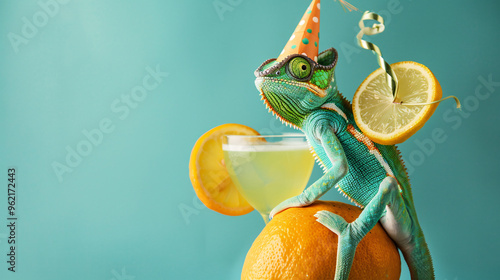 a empty background and a chameleon sitting on a lemon, cartoon, illustration, vector, fun, holiday, hat, child, boy, celebration, design, people, halloween,  party, clown, costume, winter, 