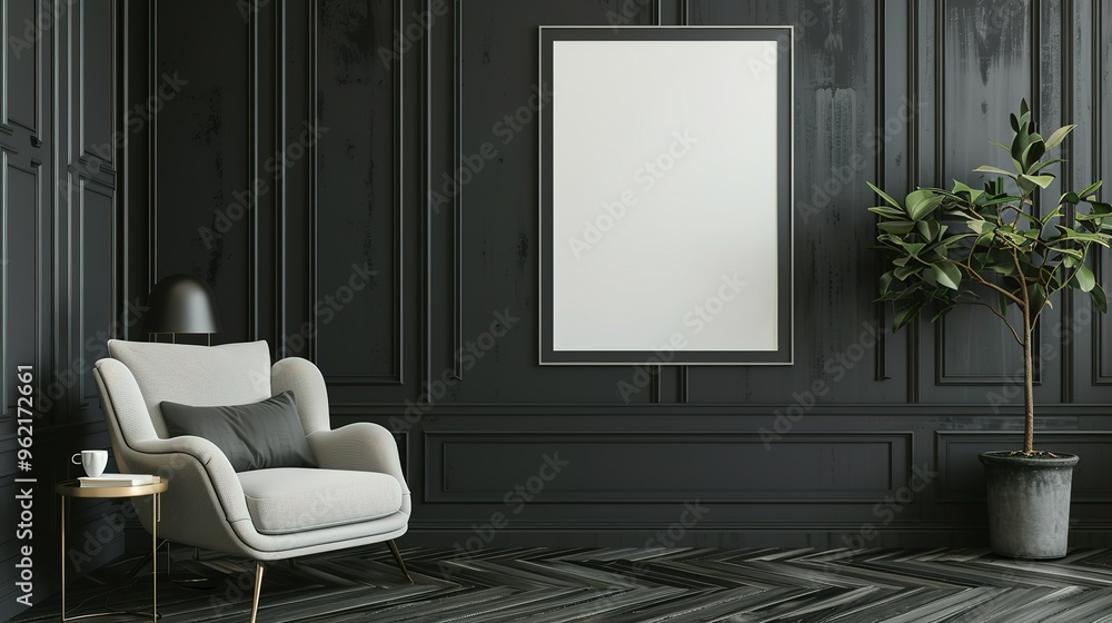 Mock-up of a poster frame in a modern living room with an Art Deco style. 3D render and illustration. Mock-up of a poster frame in a modern living room with an Art Deco style. 3D render and illustration.