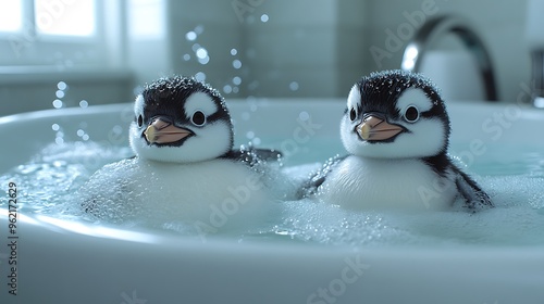 Two cute penguin bath toys in a white bathtub with water and bubbles. photo