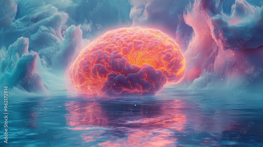 Surreal digital illustration of a glowing human brain with plexus lines ...
