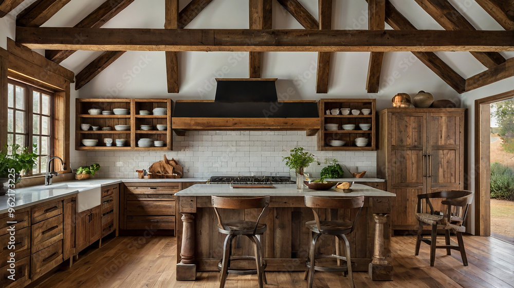 A Warm, Rustic Kitchen With Wooden Beams, Farmhouse-style Cabinets, And Vintage Appliances A Warm, Rustic Kitchen With Wooden Beams, Farmhouse-style Cabinets, And Vintage Appliances