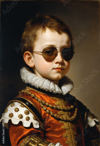 Renaissance-style painting portrait of a little boy in royal attire wearing sunglasses, Generative AI