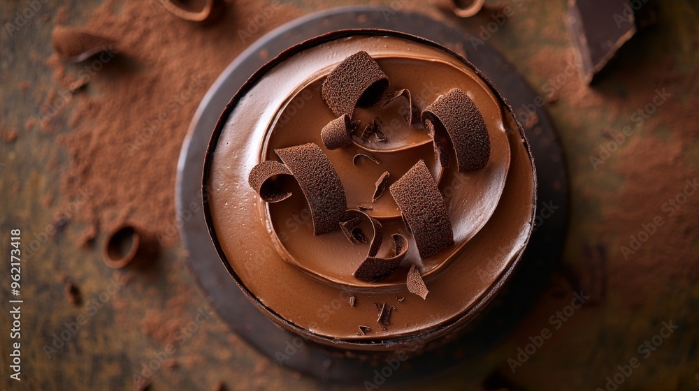 Obraz premium Detailed shot from above of a luxurious chocolate mousse cake with a glossy ganache and delicate chocolate curls, showcasing its indulgent presentation.