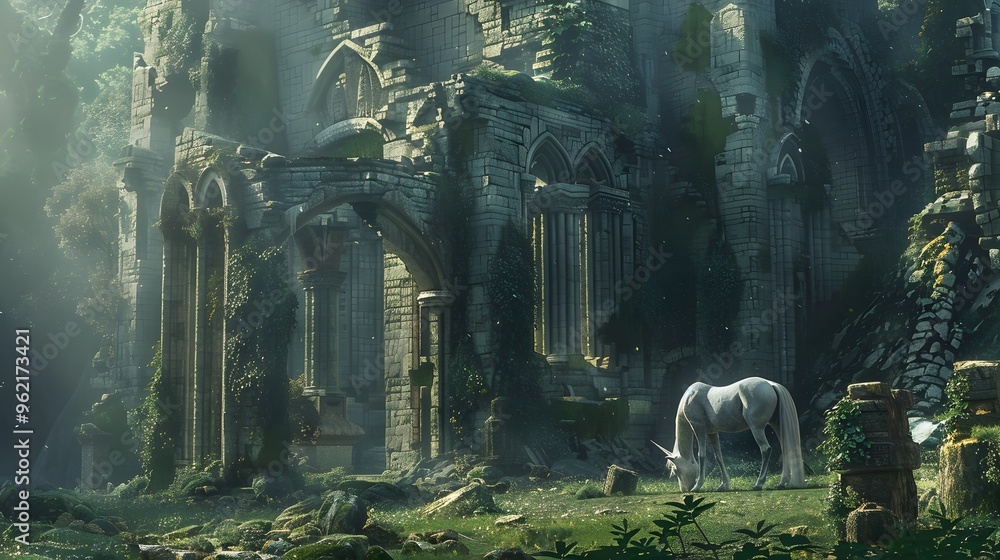 Obraz premium Unicorn in the Ruins of an Ancient Cathedral