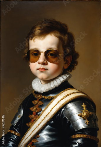 Renaissance-style painting portrait of a little boy in royal attire wearing sunglasses, Generative AI